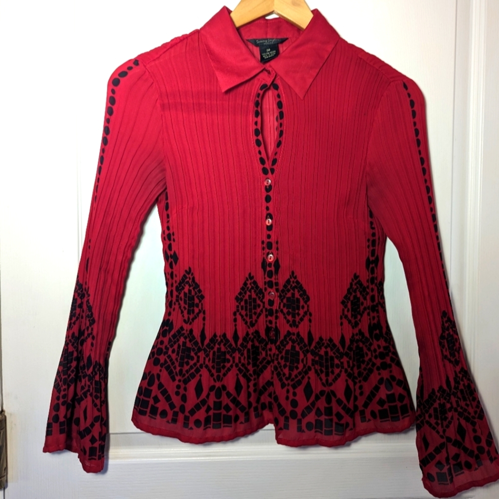 Red and black button down blouse